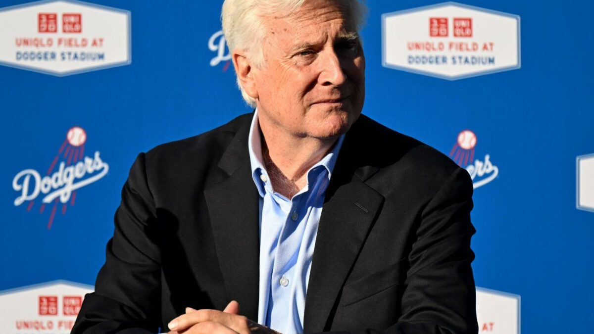 Mark Walter during a press conference announcing a new partnership between the Los Angeles Dodgers and UNIQLO at Dodger Stadium in Los Angeles on Wednesday, March 25, 2026.