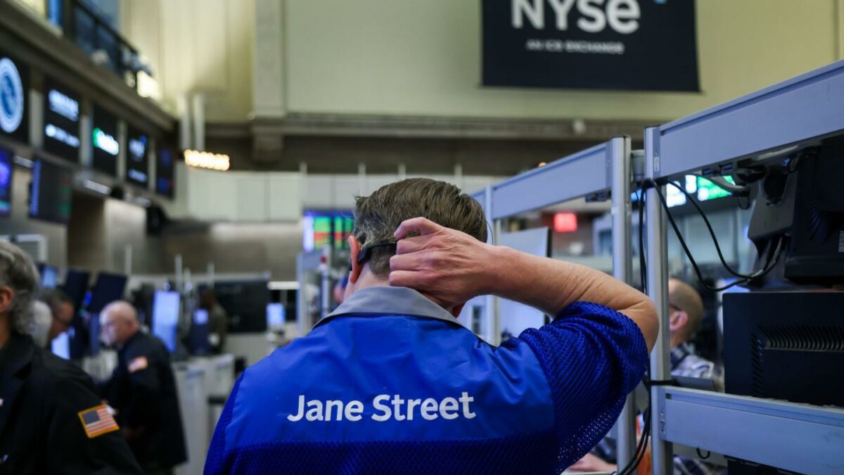 A trader wears a Jane Street jacket on the floor of the American Stock Exchange (AMEX) at the New York Stock Exchange (NYSE) in New York, US, on Monday, April 6, 2026.