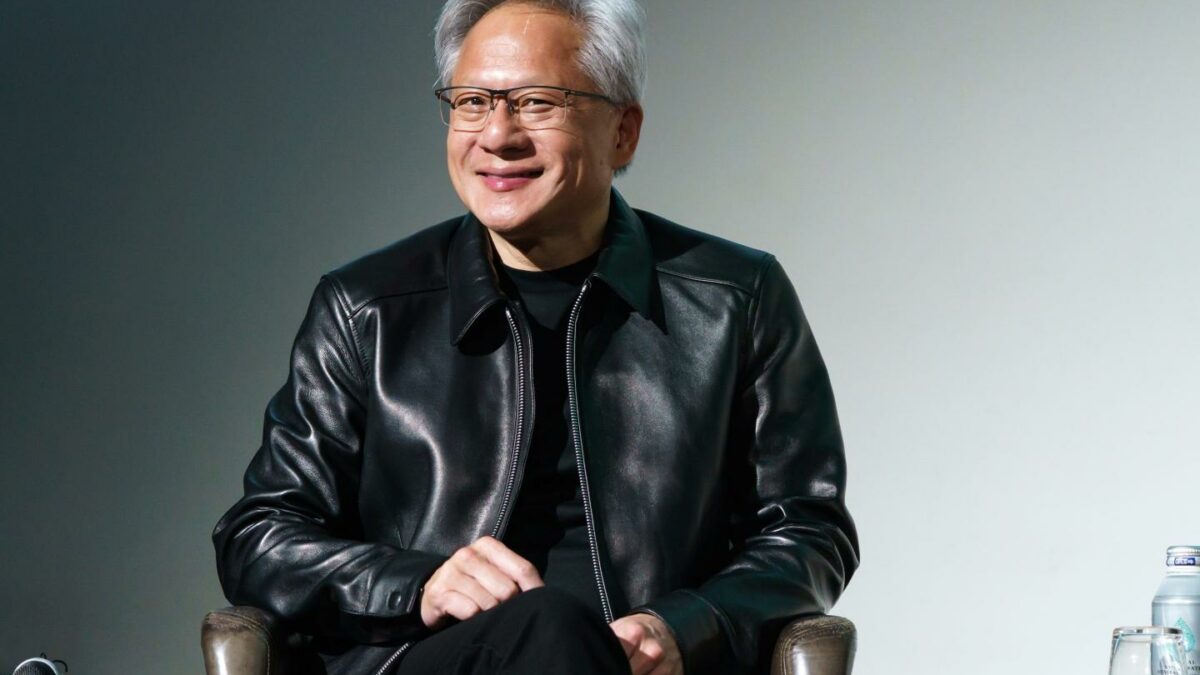 NVIDIA CEO Jensen Huang attends a joint press conference with representatives of Fujitsu Ltd., FANUC Corp., YASKAWA Electric Corp. and Kawasaki Heavy Industries Ltd. on July 16, 2026, in Tokyo, Japan.