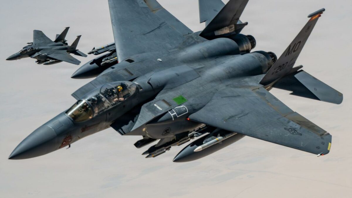 U.S. Air Force F-15E Strike Eagle aircrafts fly in the U.S. Central Command area of responsibility July 15, 2026.
