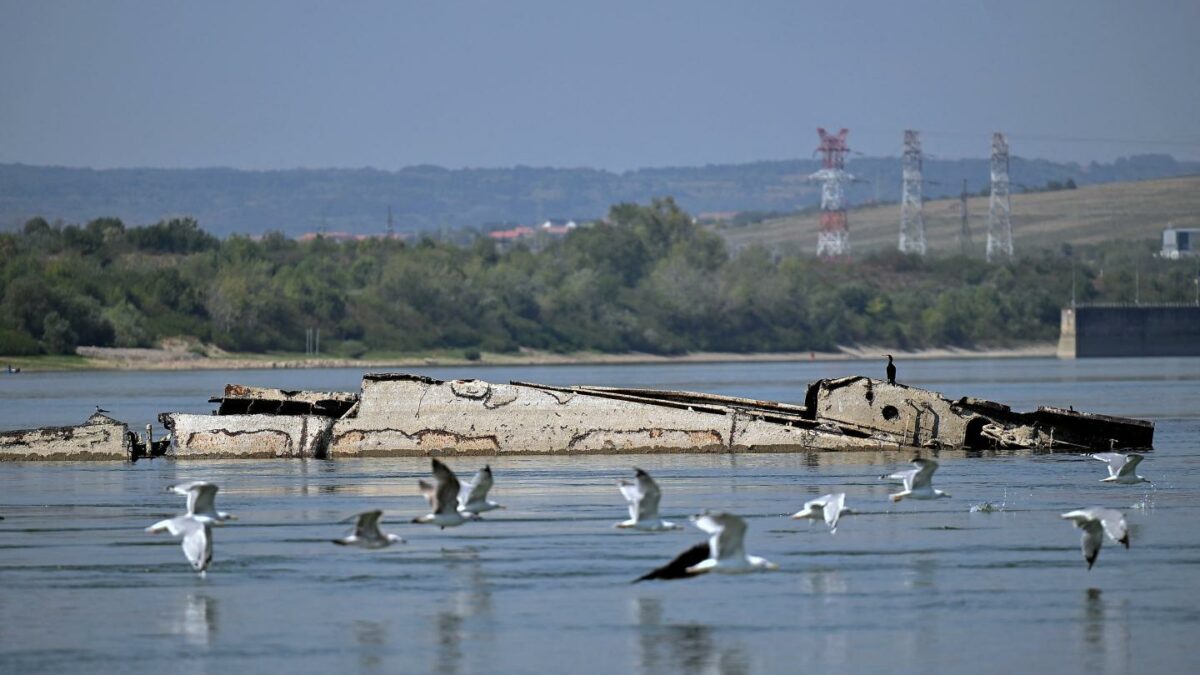 The remains of the German tugboat wreckage marked as UJ-106 in the Danube River.