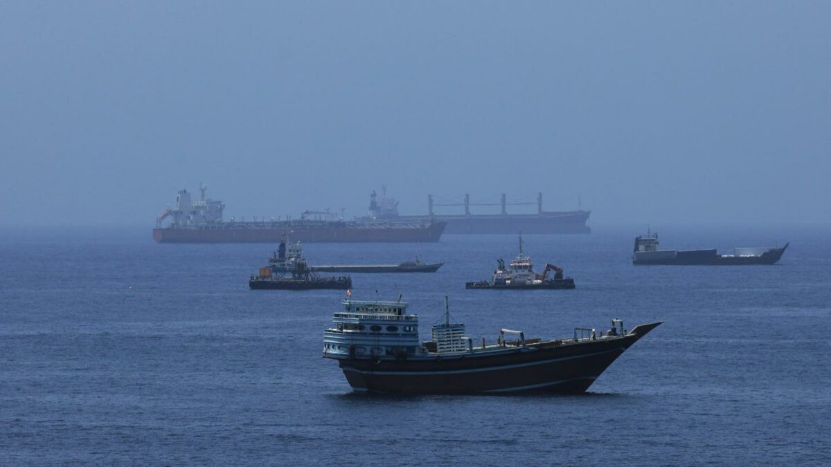 A view of commercial cargo vessels and crude oil tankers are anchored in the Gulf of Oman, off the coast of Muscat, Oman