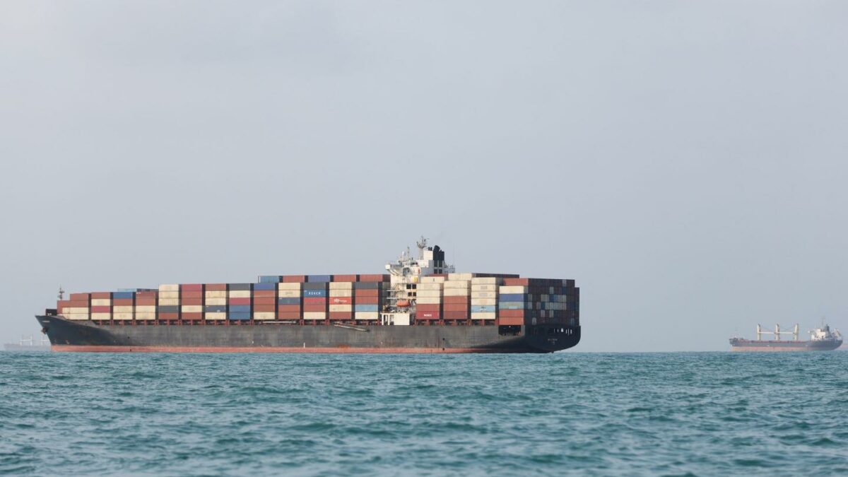 Ships are anchored in the Strait of Hormuz on August 10, 2026 off the coast of Bandar Abbas, Iran.